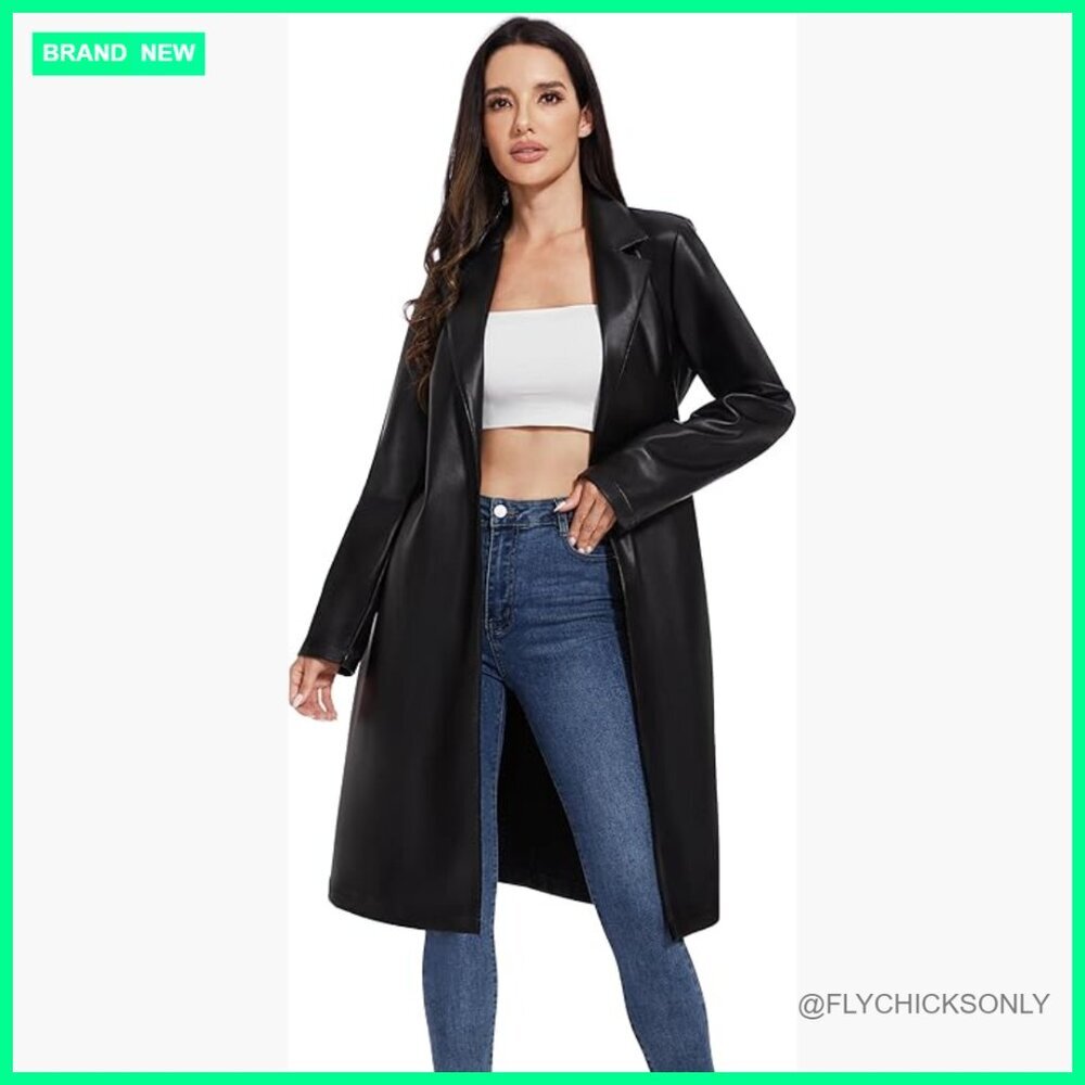 Faux Leather Trench Coat, Motorcycle Moto Biker Jacket, Slim Fit
